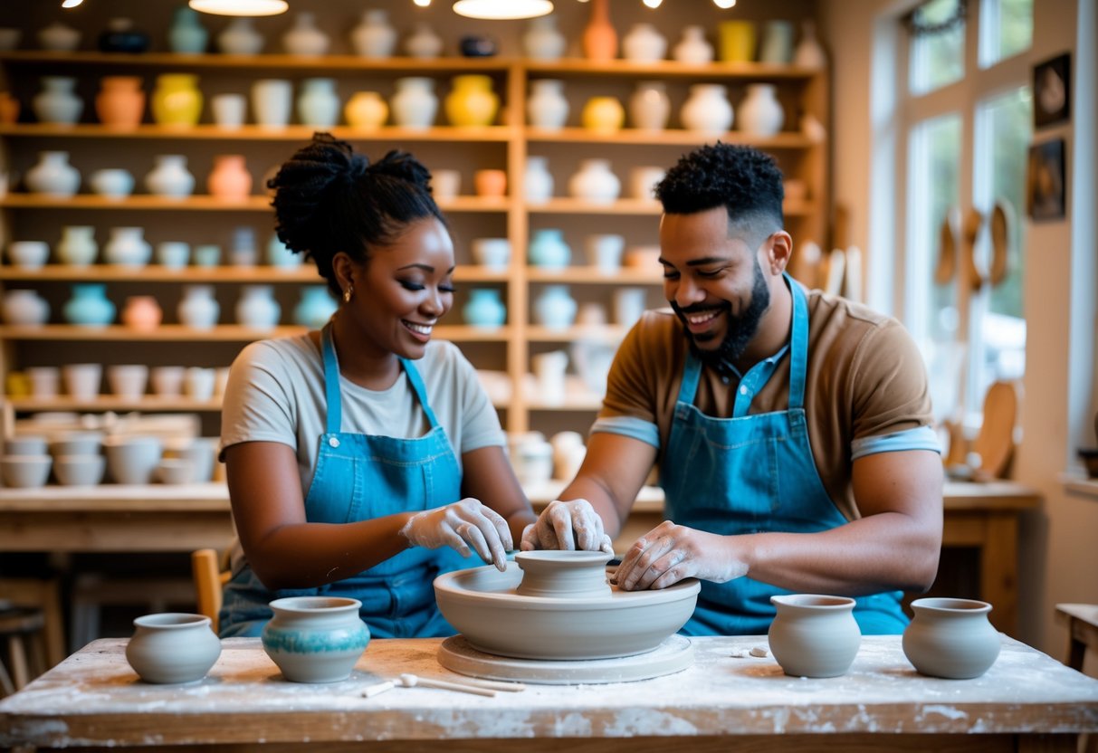 A couple shaping clay on a pottery wheel together in an art studio filled with pottery and tools.