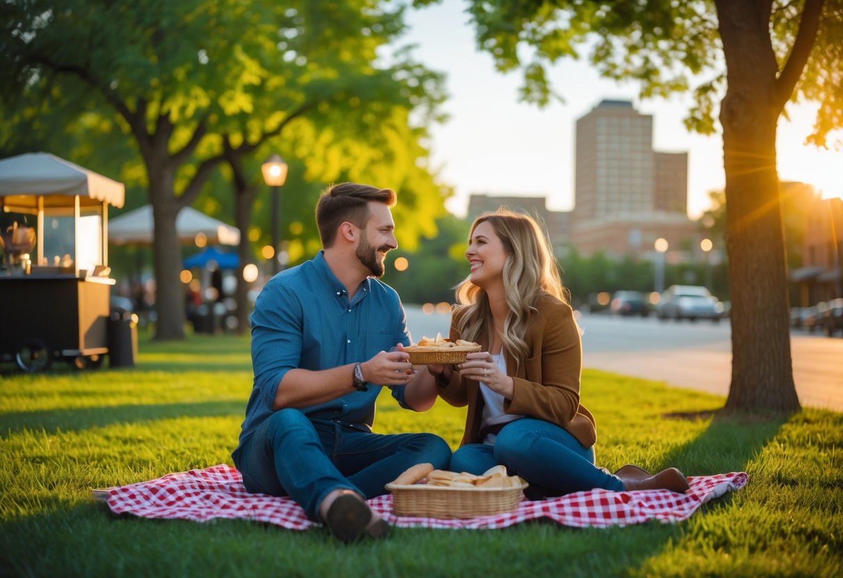 A couple enjoying a picnic together in a sunny park with trees and city buildings in the background.