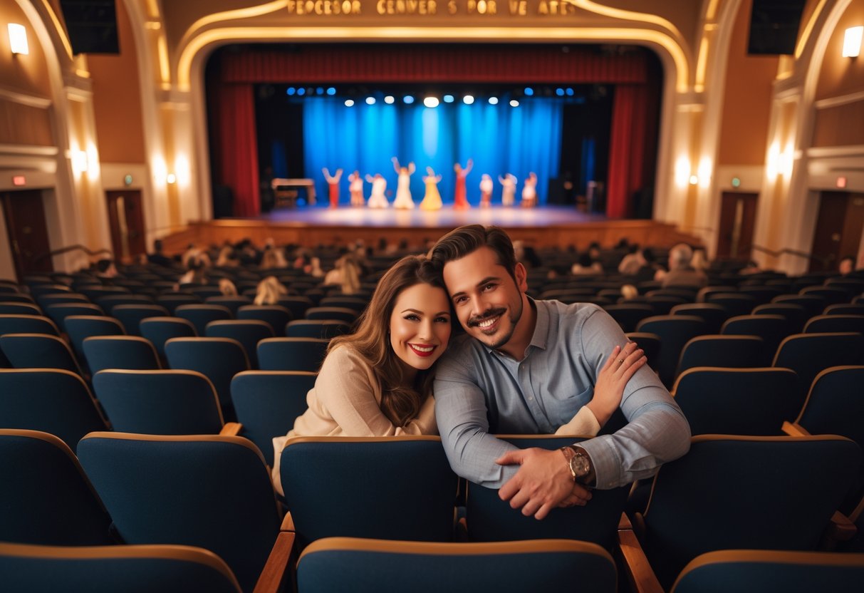 A couple seated together inside a theater enjoying a live performance at the Ferguson Center for the Arts.