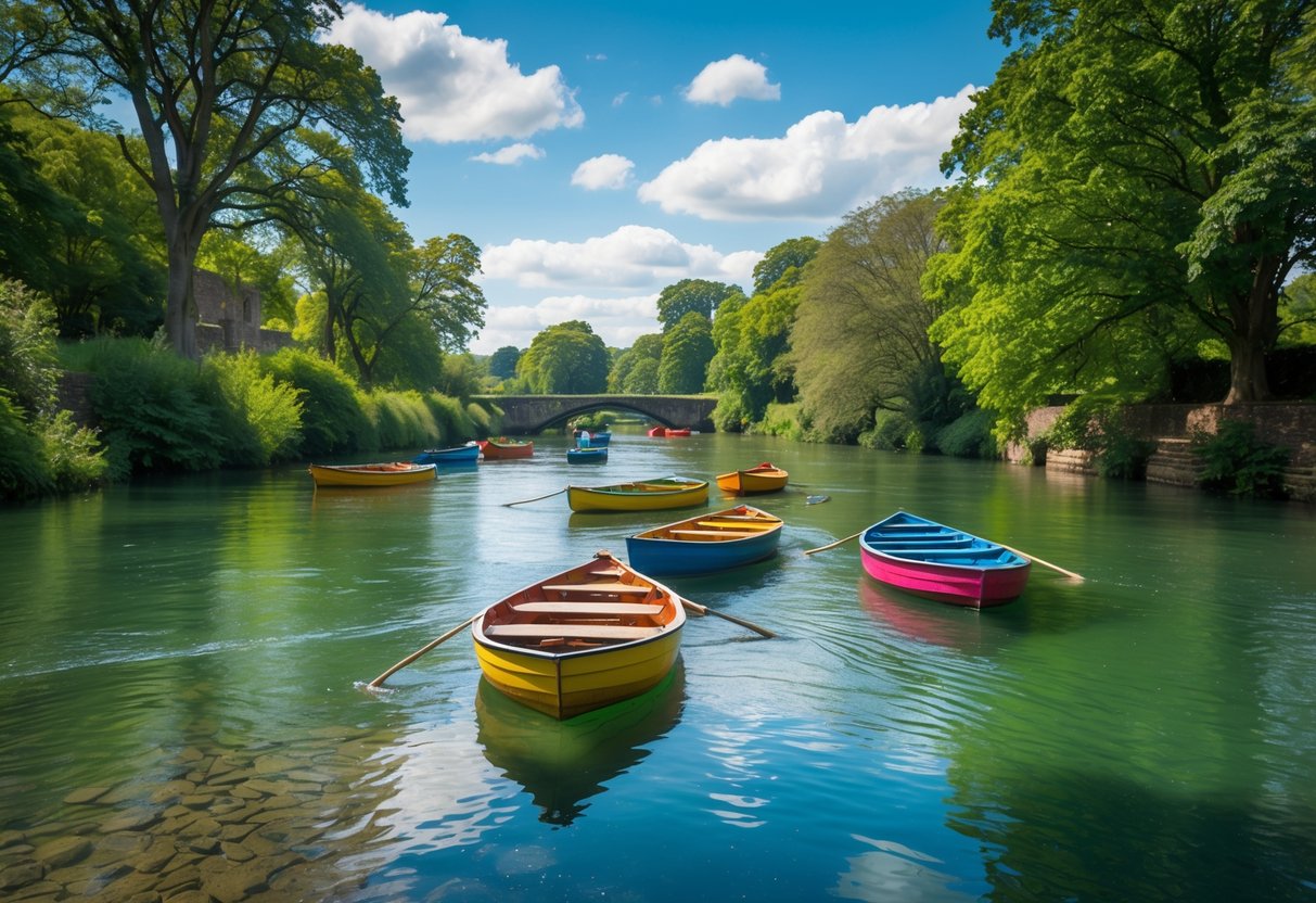 Several row boats floating on a clear river surrounded by green trees at Bolton Abbey.