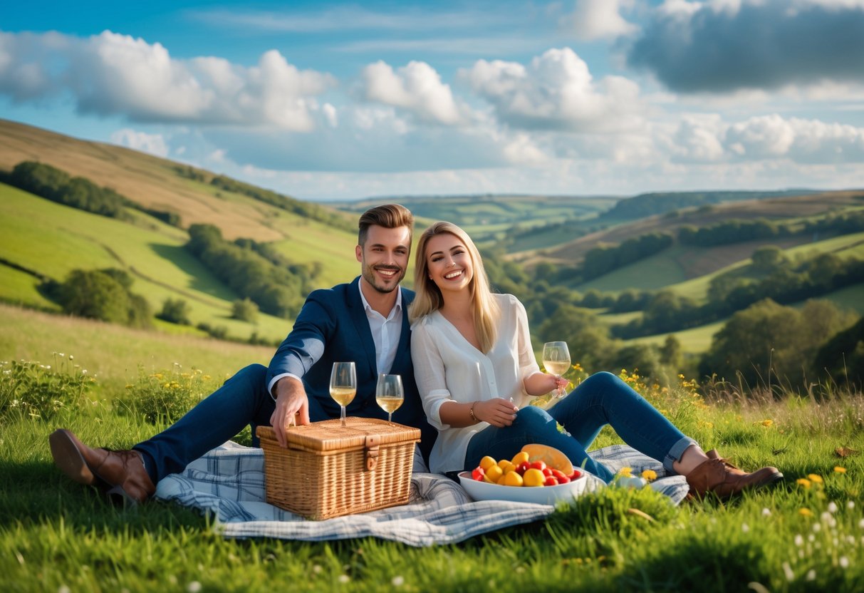 A young couple having a picnic on a green hillside overlooking rolling hills and wildflowers in Yorkshire.