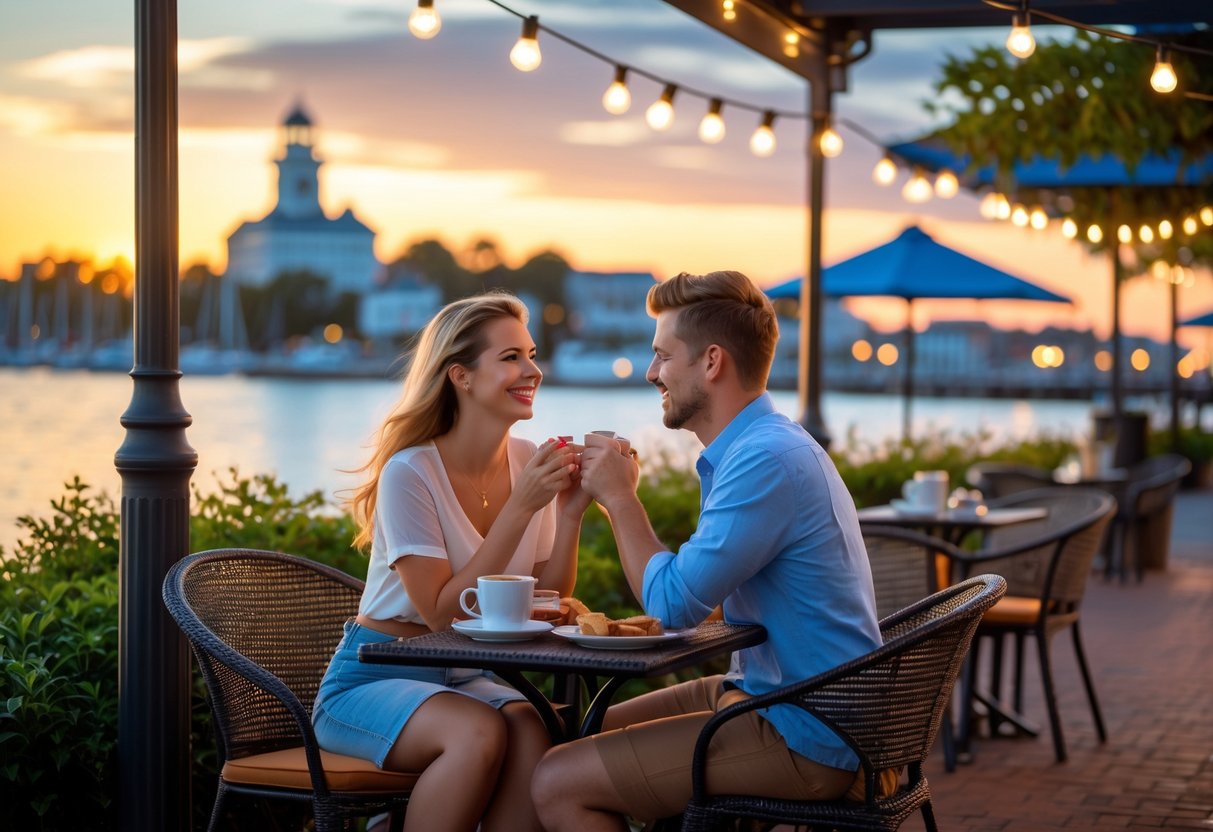 A young couple enjoying a sunset date by the waterfront in Newport News, sitting at an outdoor café table with string lights overhead and city landmarks in the background.