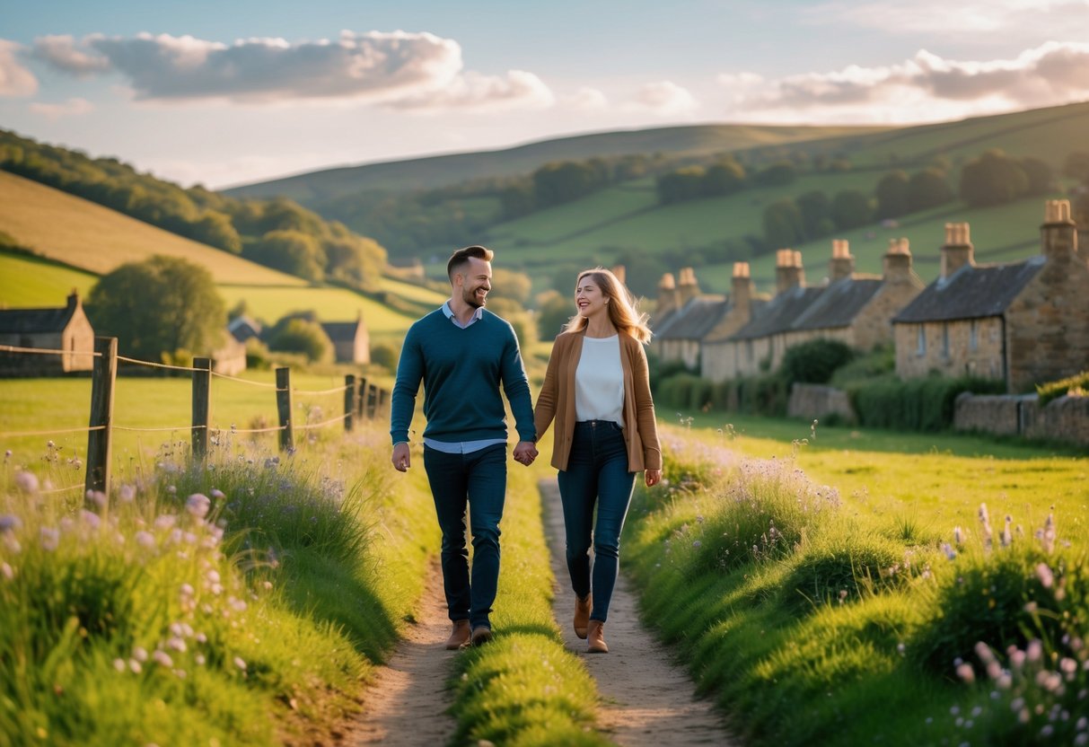 A couple walking hand in hand along a countryside path with rolling hills and stone cottages in the background.