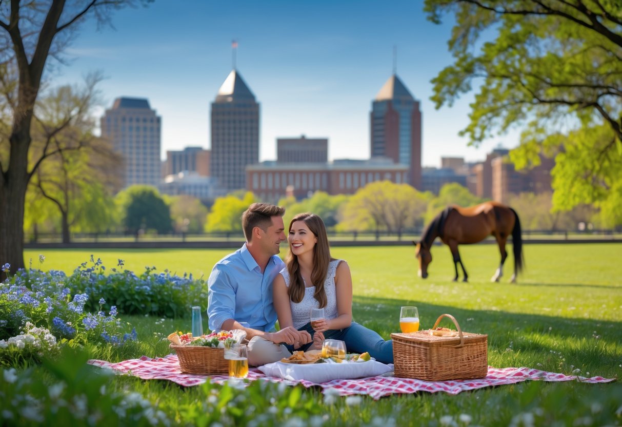 A young couple having a picnic in a green park with trees and flowers, with the Lexington skyline and a horse in the background.