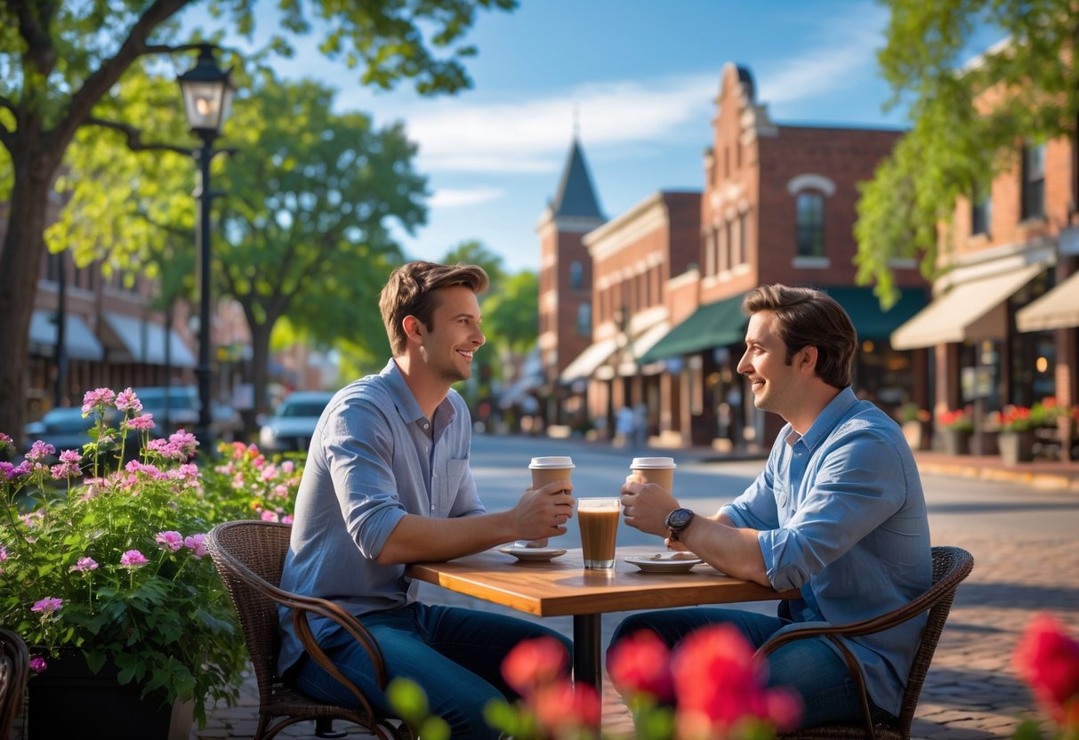 A young couple sitting at an outdoor café in Fayetteville, Arkansas, enjoying coffee and conversation on a sunny day with trees and historic buildings in the background.