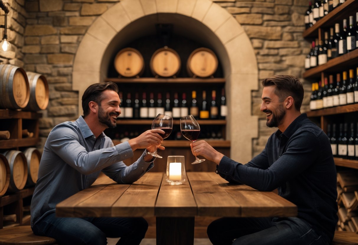 A couple enjoying wine tasting together at a cozy wine cellar with wooden barrels and shelves filled with wine bottles.