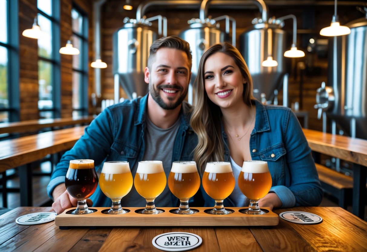 A couple sampling craft beers together at a brewery with wooden tables and brewing tanks in the background.