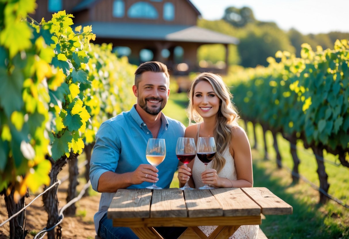 A couple enjoying wine tasting together outdoors at a vineyard with grapevines and a winery building in the background.