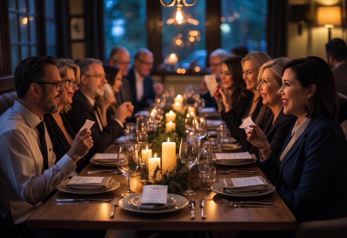 A group of adults seated around a dining table, engaged in a murder mystery dinner event with themed decorations and warm lighting.