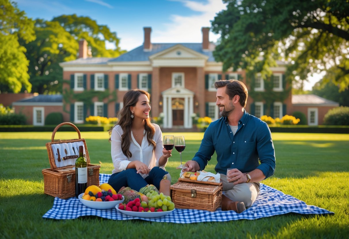A couple having a picnic on a blanket in front of a historic estate surrounded by green lawns and trees.