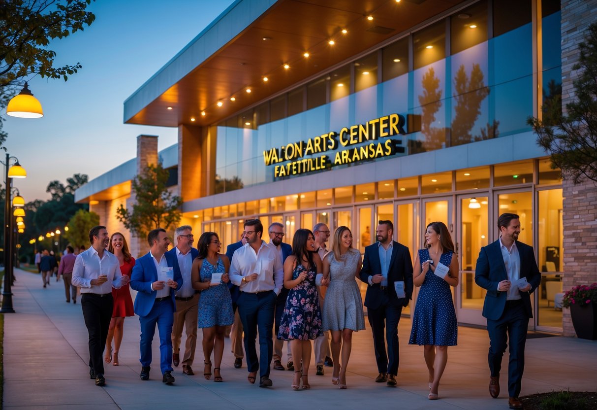Couples and friends arriving outside the Walton Arts Center in Fayetteville for an evening show.
