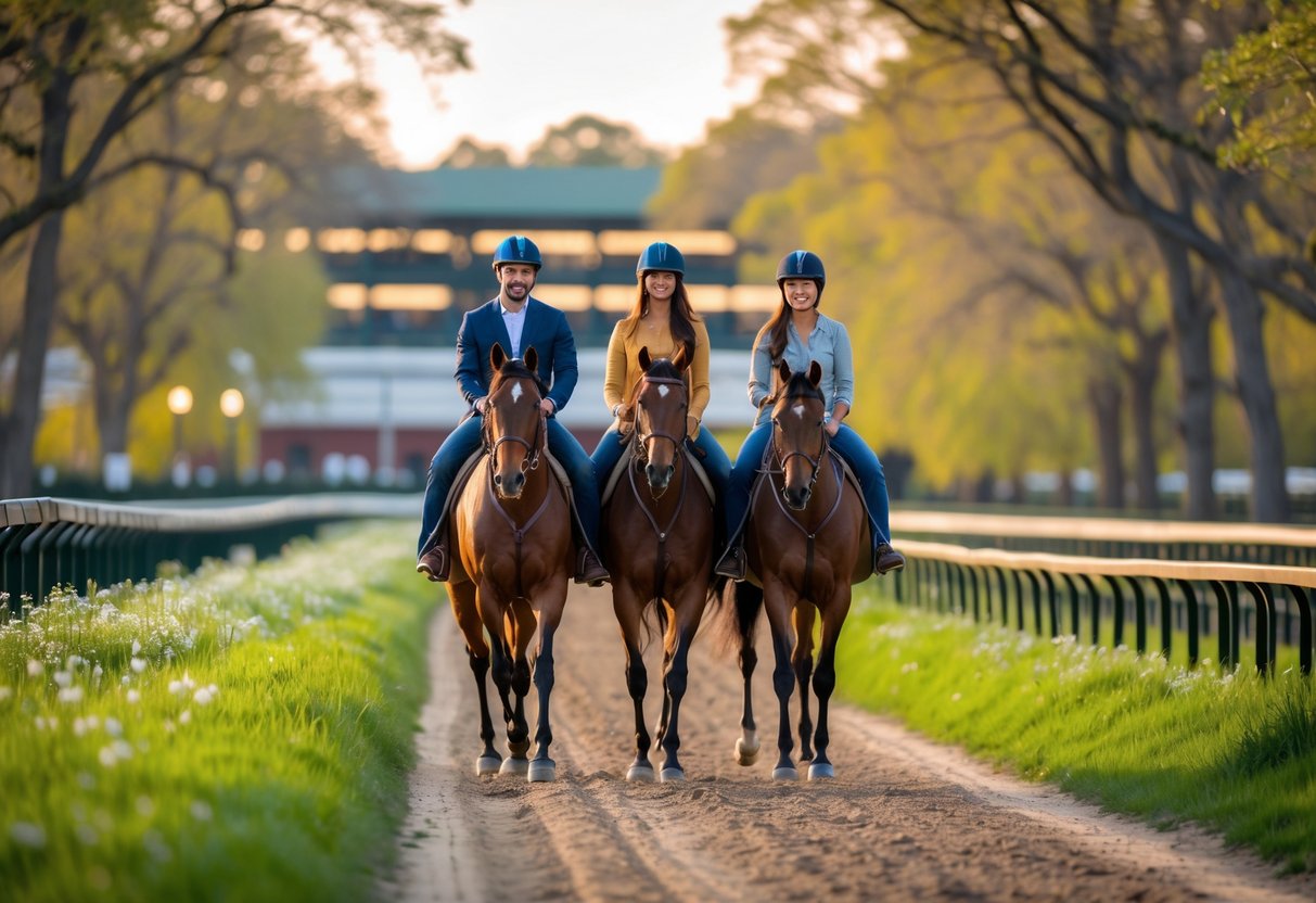A couple horseback riding together on a tree-lined trail near Keeneland racecourse in Lexington, Kentucky.