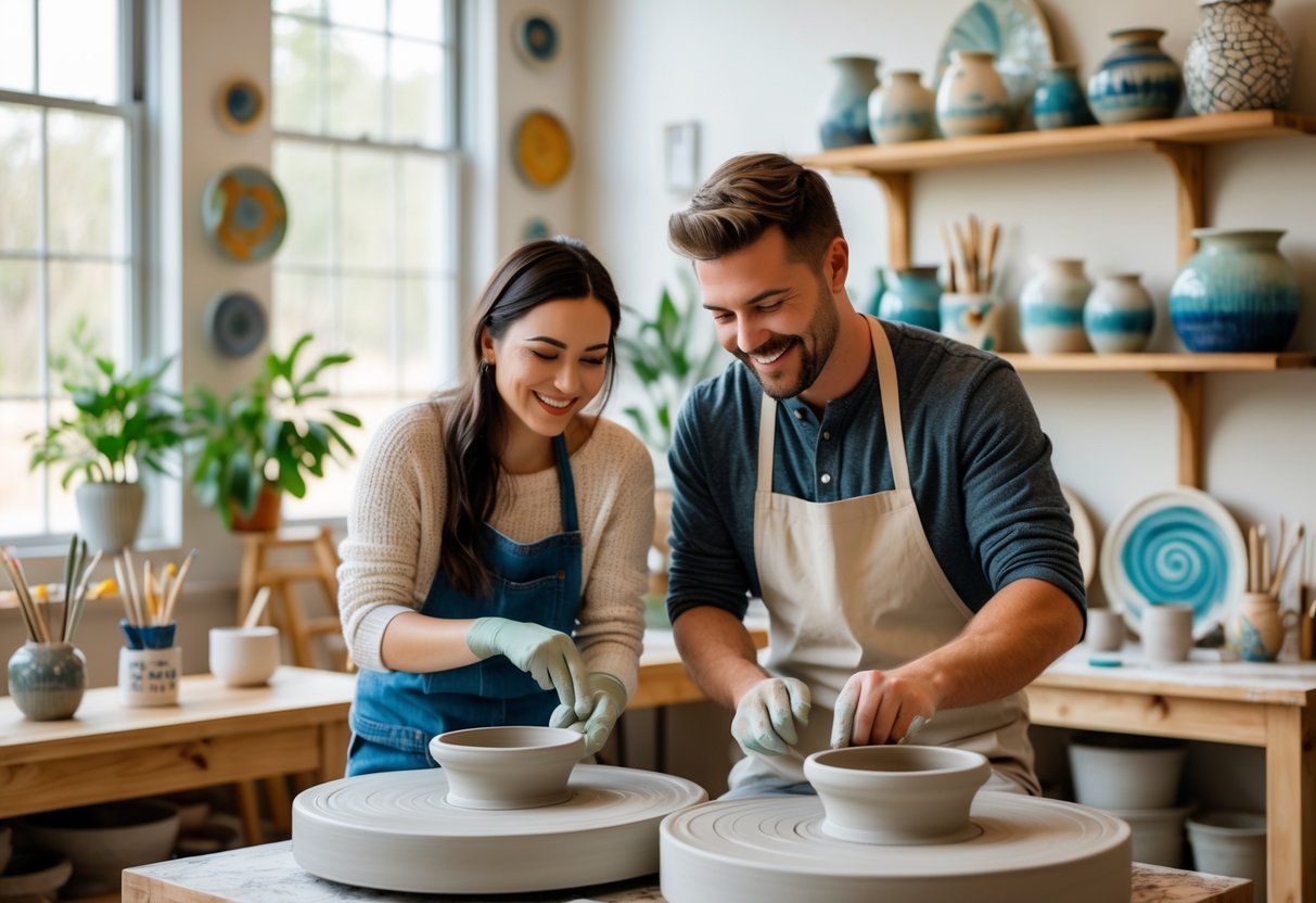 A couple making pottery together in a bright, cozy art studio filled with shelves of colorful ceramics and art supplies.