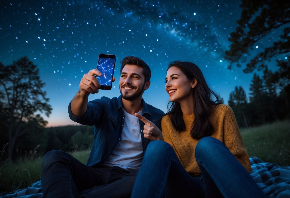 A young couple sitting outdoors at night, looking at a smartphone together and pointing at the starry sky.