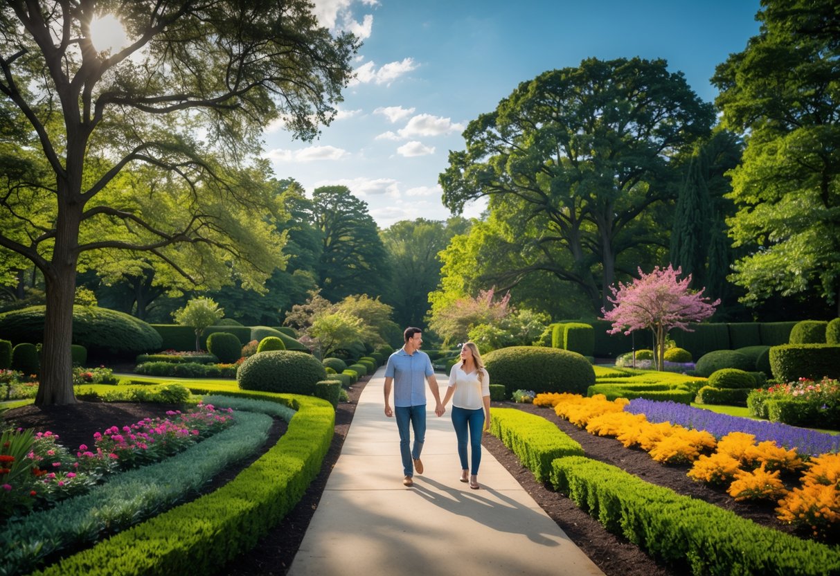 A couple walking hand-in-hand on a garden path surrounded by trees and colorful flowers in a botanical garden.