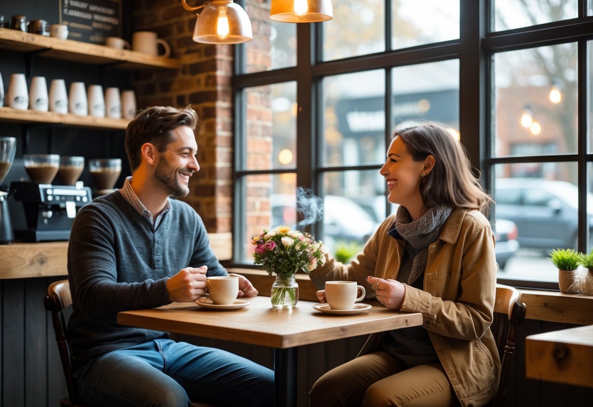 Two people sitting at a small table in a coffee shop, talking and drinking coffee.