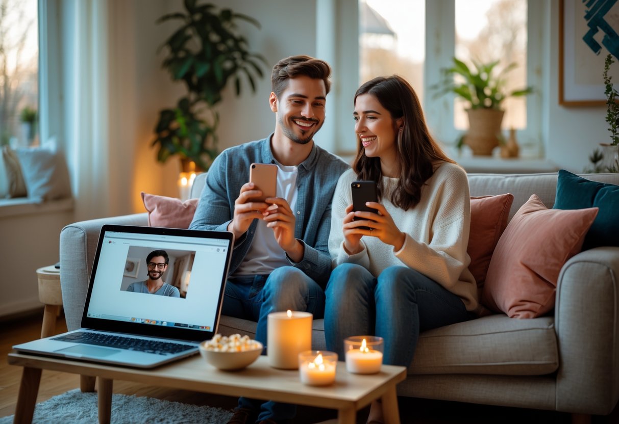 A young couple sitting on a sofa at home, smiling and holding smartphones during a FaceTime video call with candles and snacks on a coffee table.