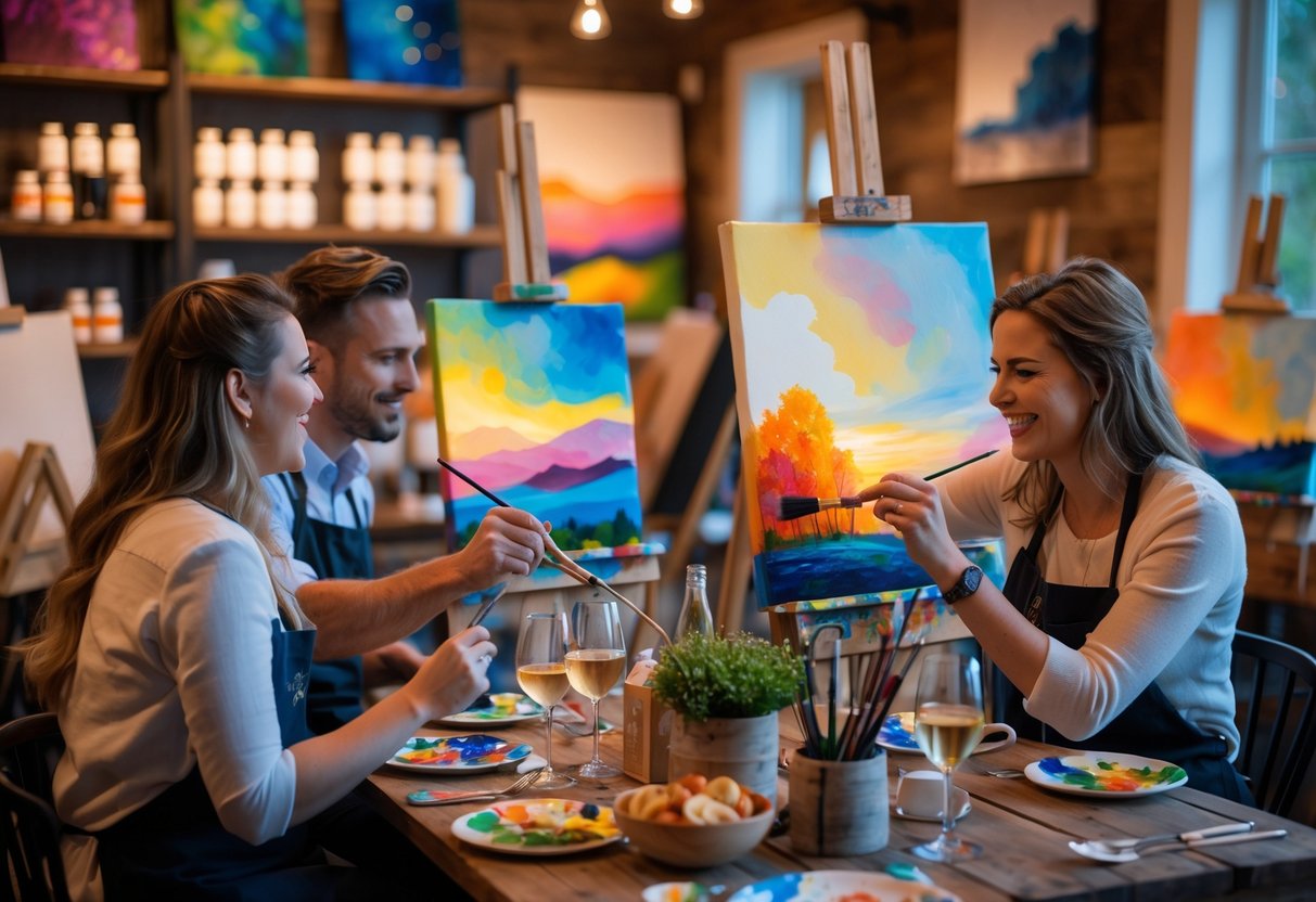 Couples painting together at easels in a cozy art studio with wine glasses on the tables.