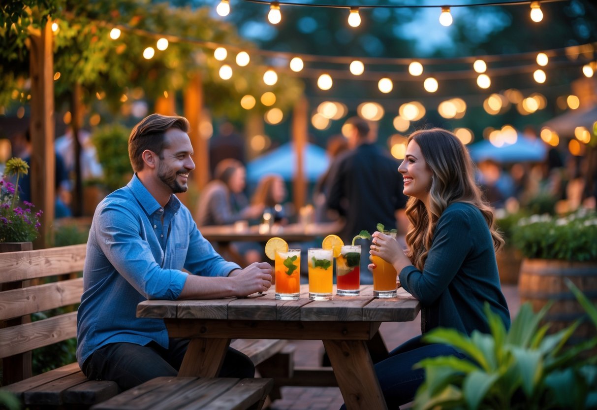 A couple enjoying craft cocktails at a wooden table in an outdoor beer garden surrounded by greenery and string lights.