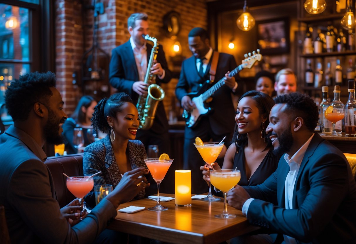 A couple enjoying a live jazz performance at a cozy cocktail lounge with a small band playing on stage and other patrons seated nearby.