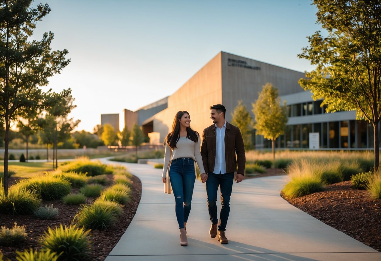 A young couple walking hand in hand near the Crystal Bridges Museum surrounded by trees and greenery on a sunny day.