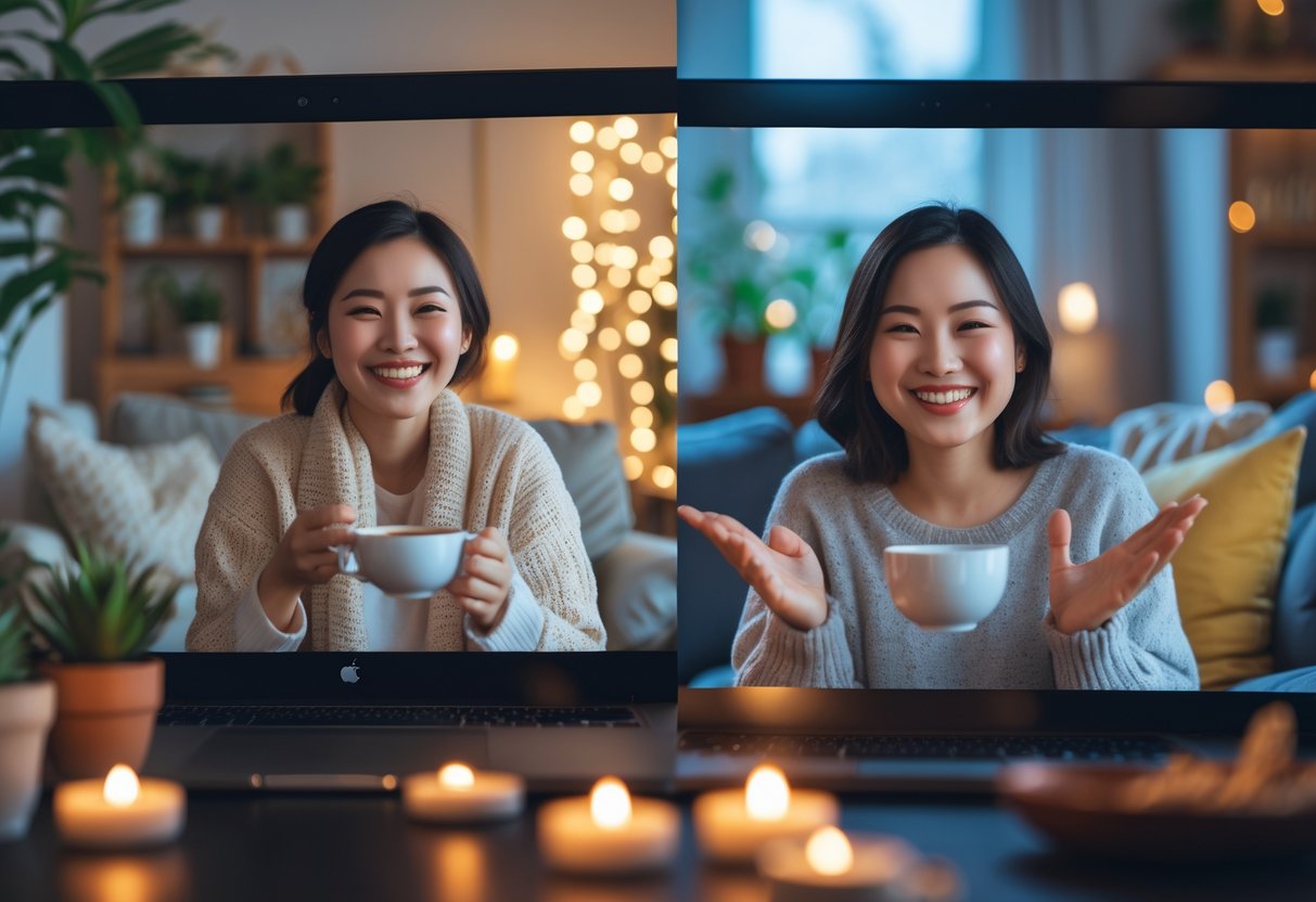 Two people smiling and talking on separate screens during a video call from their cozy living rooms.