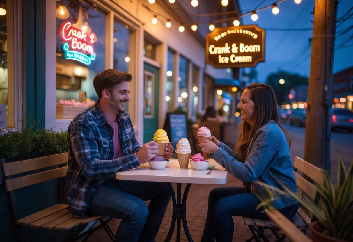 A young couple enjoying ice cream together at an outdoor table outside an ice cream shop at night.