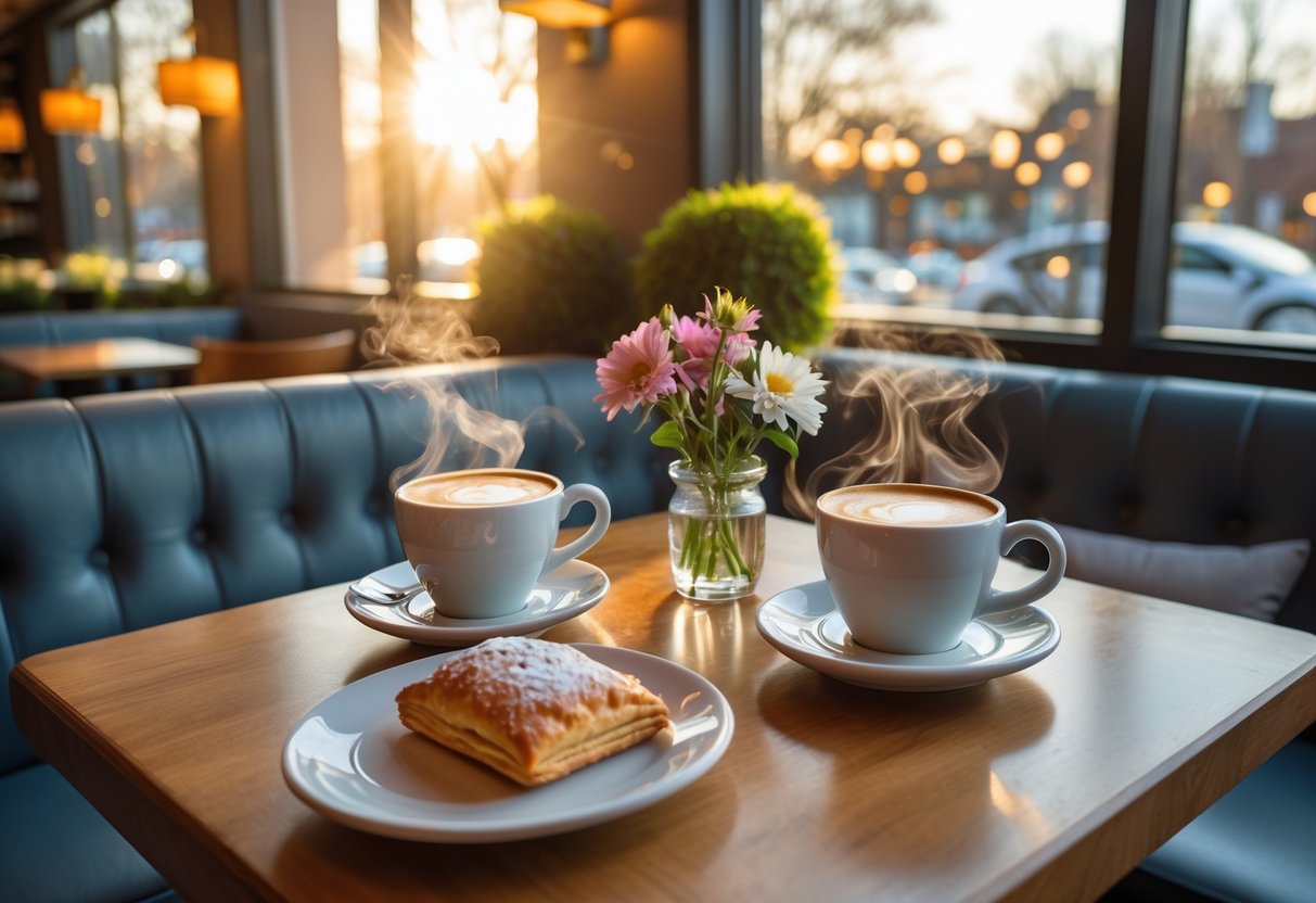 Two cups of coffee on a wooden table in a cozy coffee shop with warm lighting and comfortable seating.