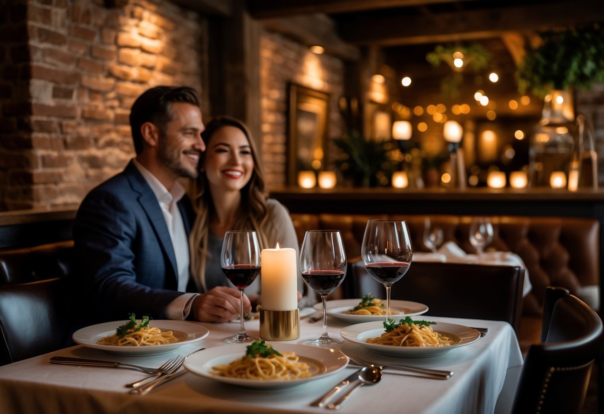 A couple enjoying a romantic dinner at a cozy Italian restaurant with a candlelit table and warm decor.