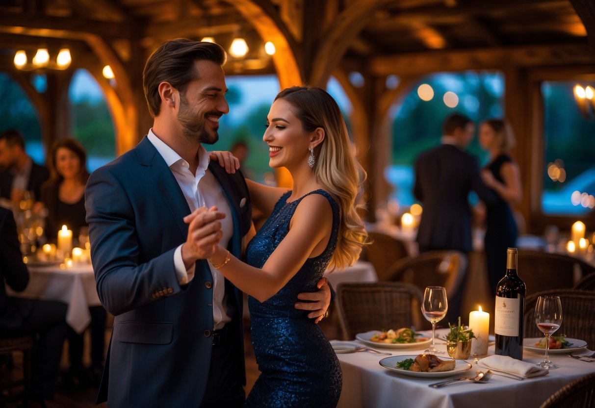 A couple dressed elegantly enjoying dinner and dancing together inside a warmly lit restaurant.