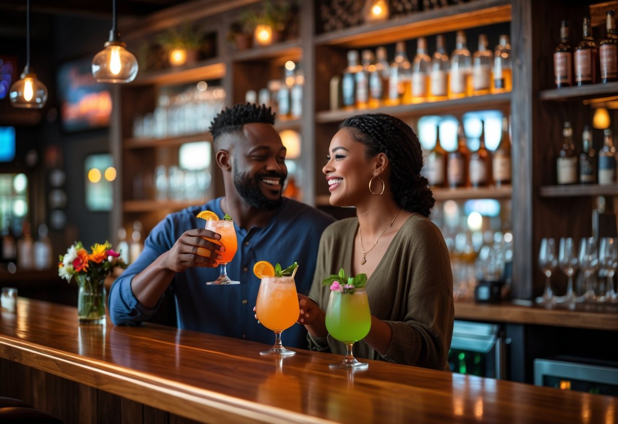 A couple enjoying drinks together at a warmly lit bar inside JS McGraw's in Fayetteville, Arkansas.