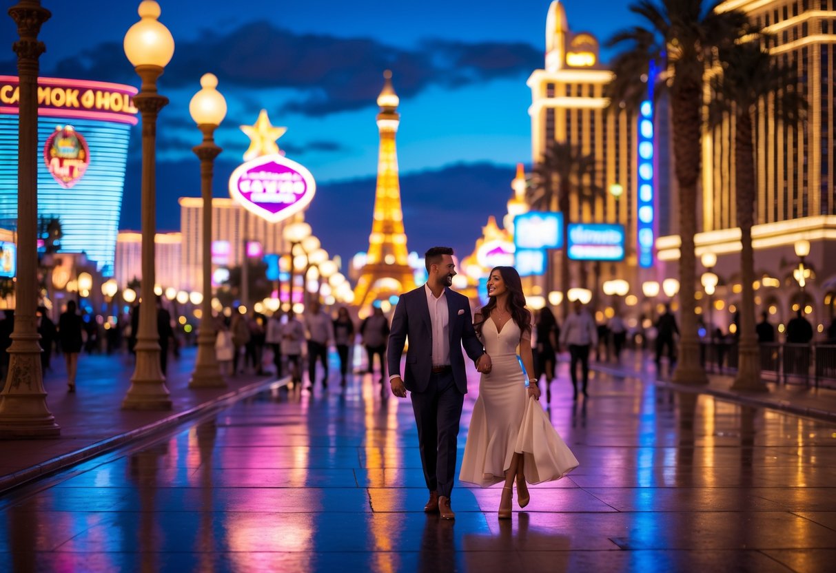A couple walking hand in hand along the Las Vegas Strip at dusk with neon lights and casino signs in the background.