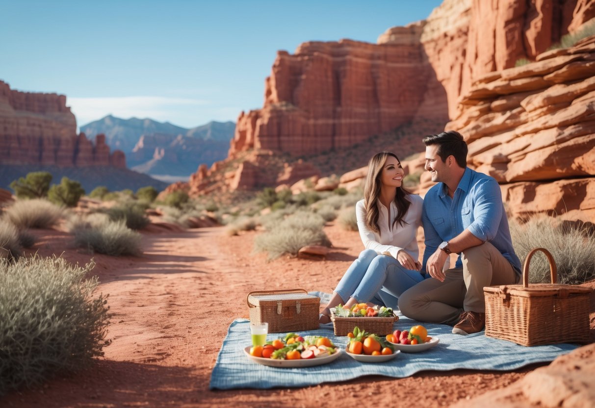 A couple walking and having a picnic among red rock formations in a desert canyon.