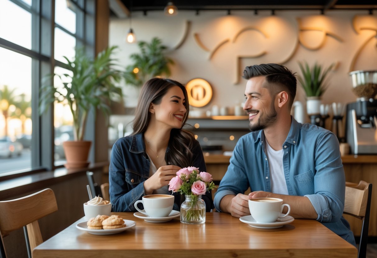 A young couple enjoying coffee together at a cozy cafe table with warm decor and natural light.