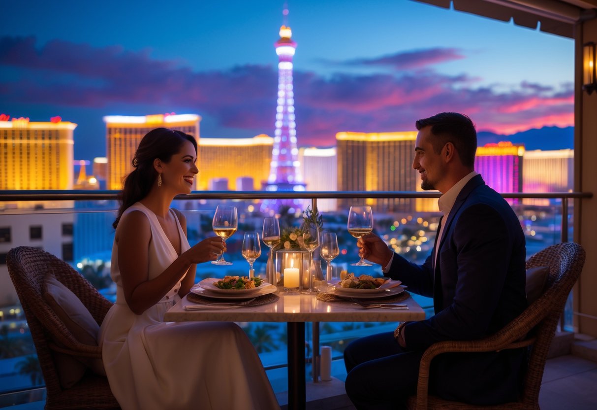 Couple enjoying a romantic dinner at a rooftop restaurant with a view of the Las Vegas cityscape at dusk.