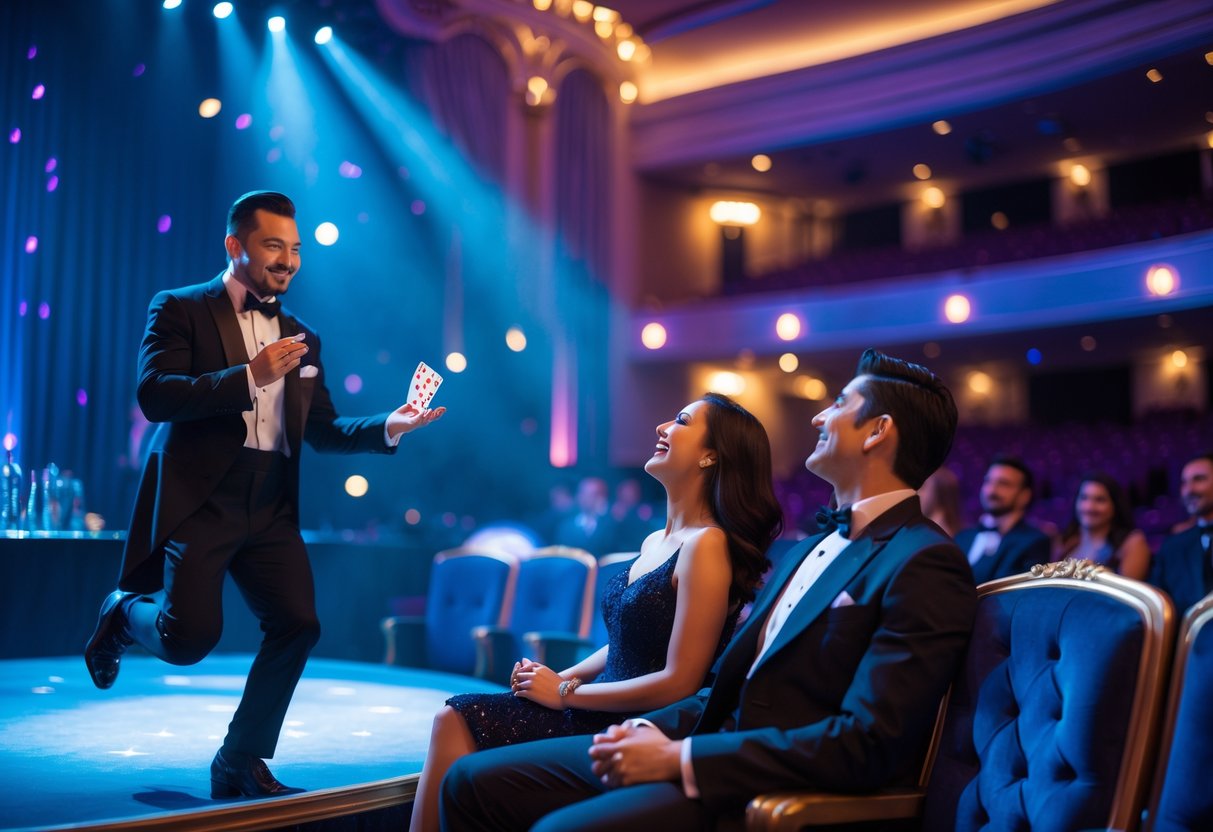 A couple watching a magician perform on stage at a magic show inside a theater.