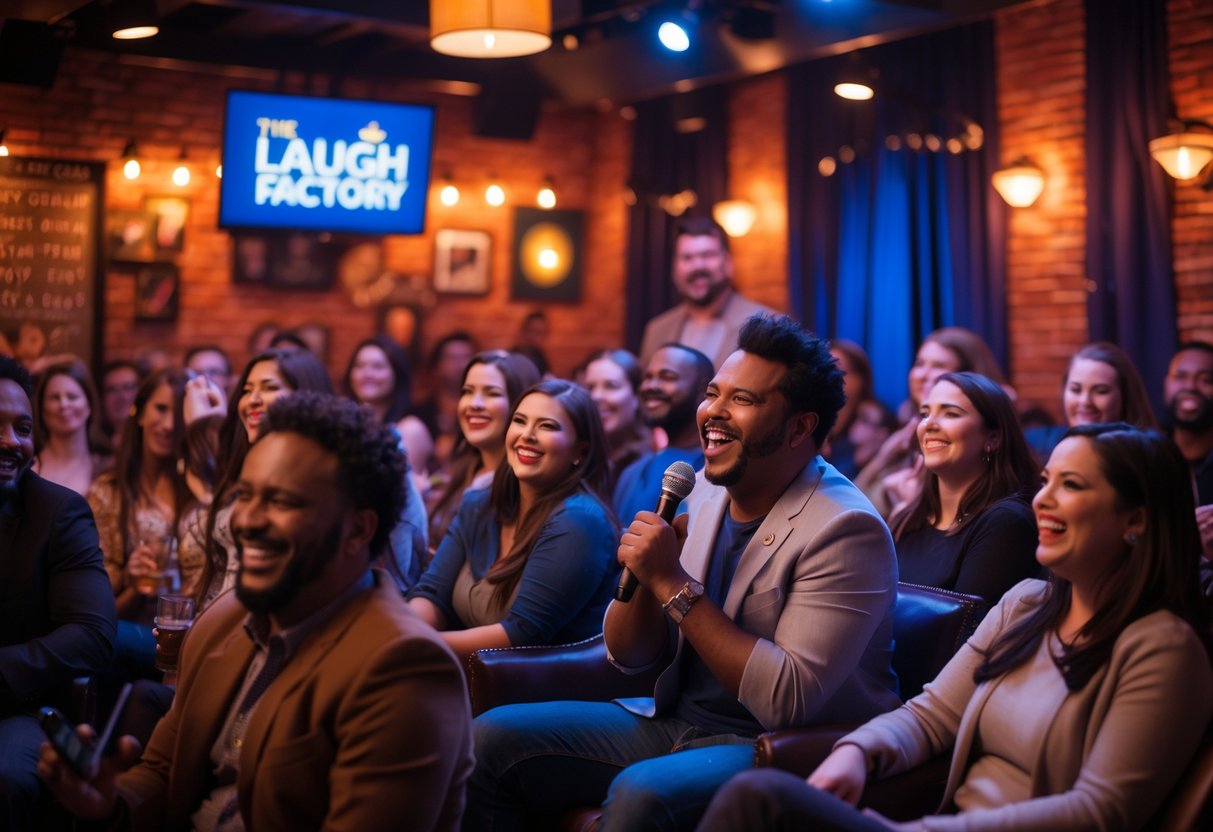 A diverse audience laughing and enjoying a comedian performing on stage at a comedy club.