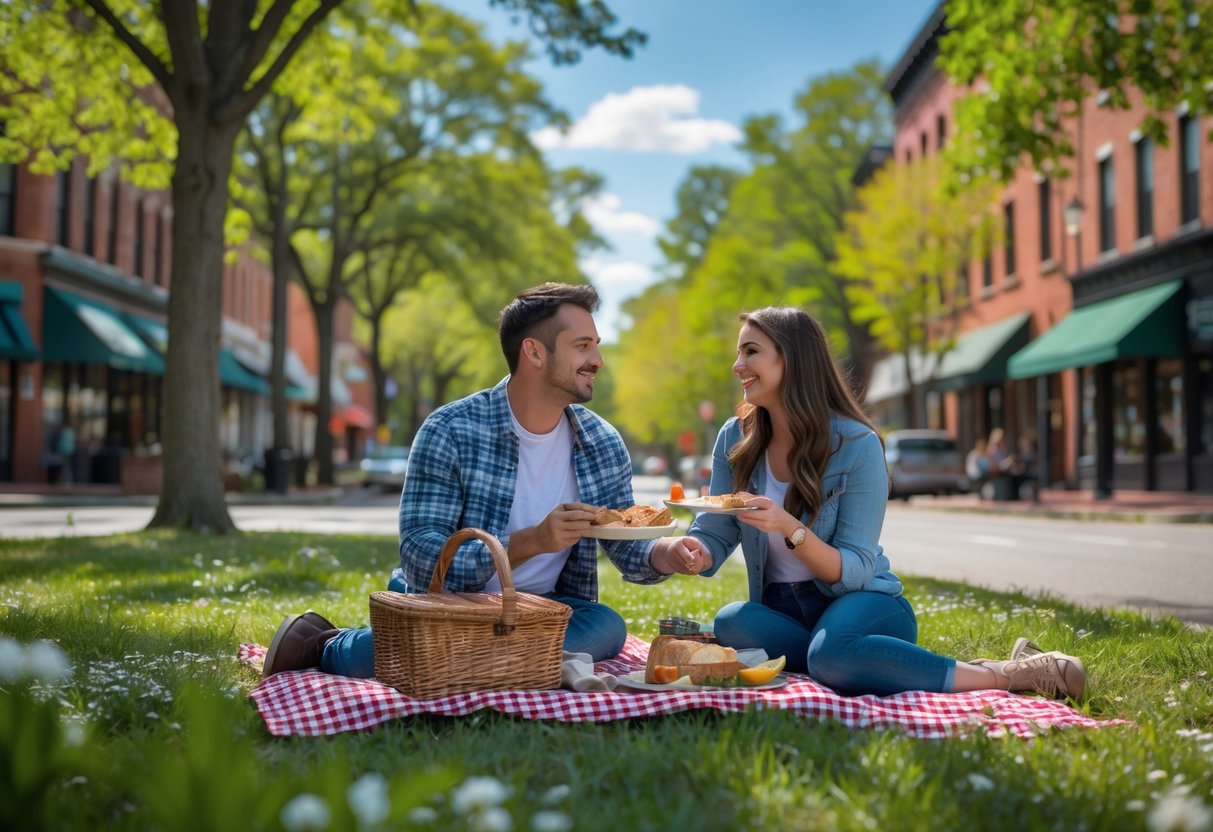 A young couple enjoying a picnic together in a green park with trees and flowers, with a historic downtown street visible in the background.