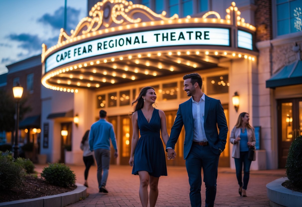 A couple walking hand-in-hand toward the entrance of Cape Fear Regional Theatre in Fayetteville, North Carolina, during early evening.