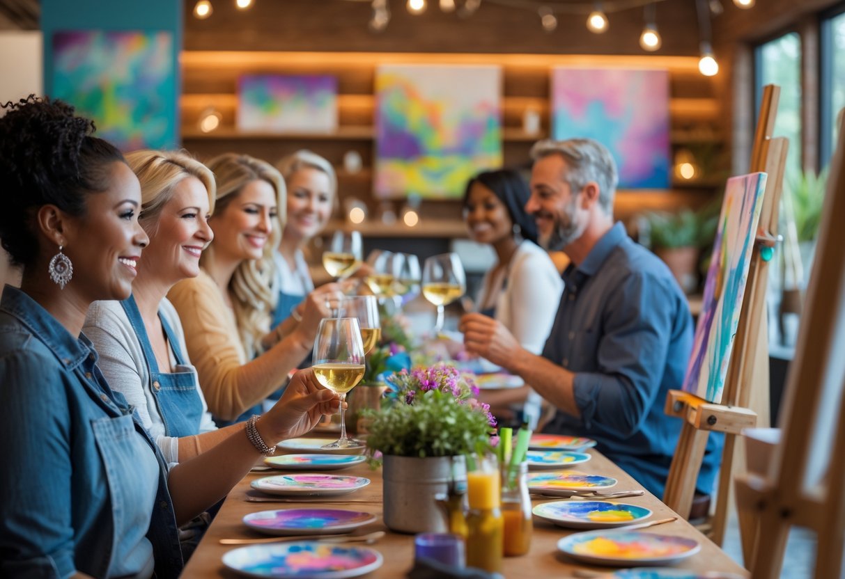A group of adults painting on canvases in a cozy studio while enjoying glasses of wine.