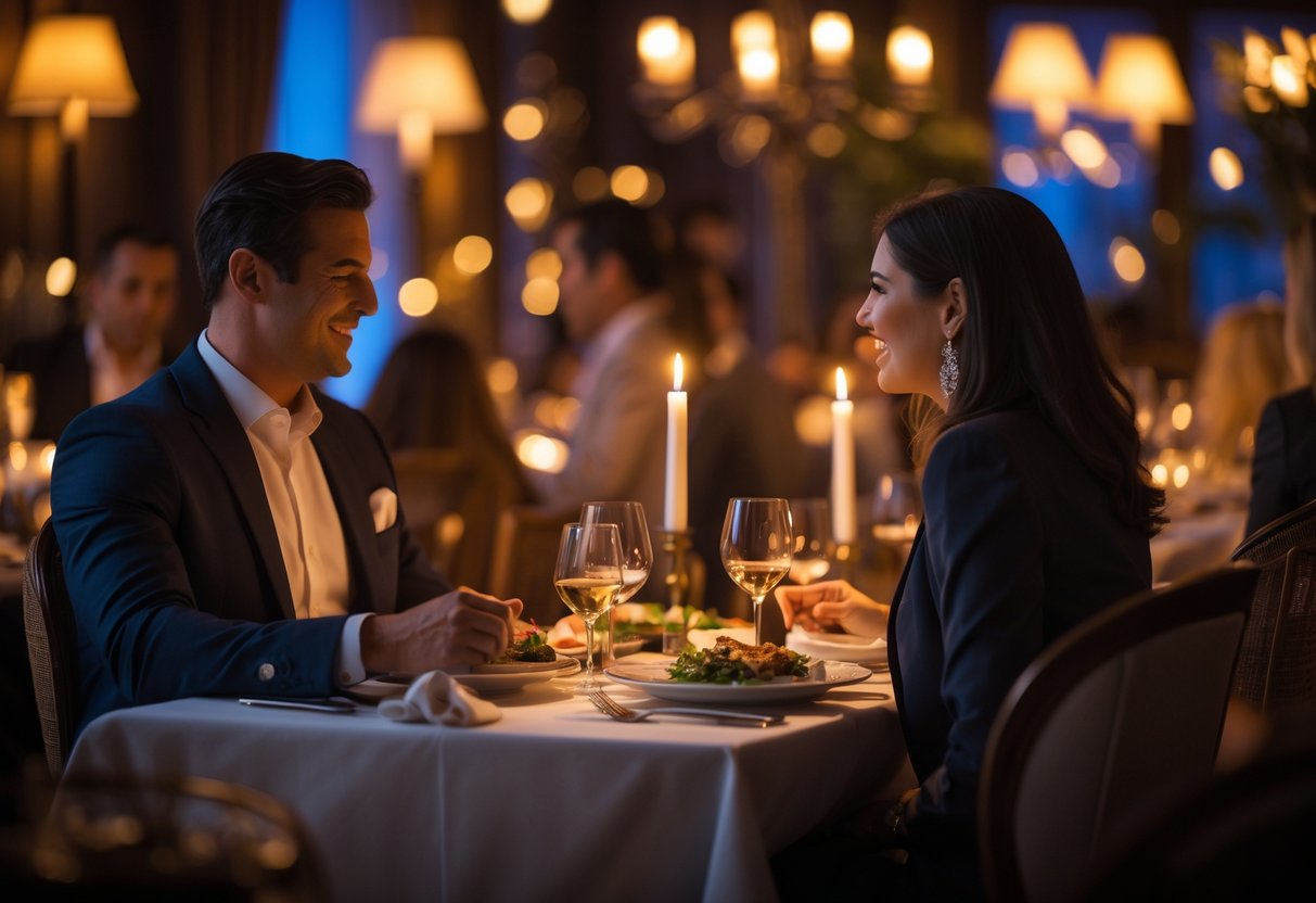 A couple enjoying a romantic candlelit dinner at an elegant restaurant with a mystery show atmosphere in the background.