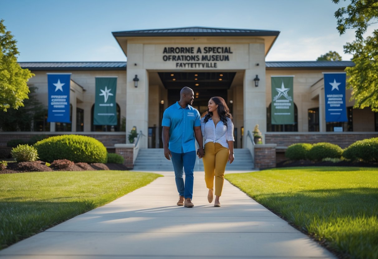 A couple walking hand-in-hand outside the Airborne & Special Operations Museum surrounded by trees and clear skies.