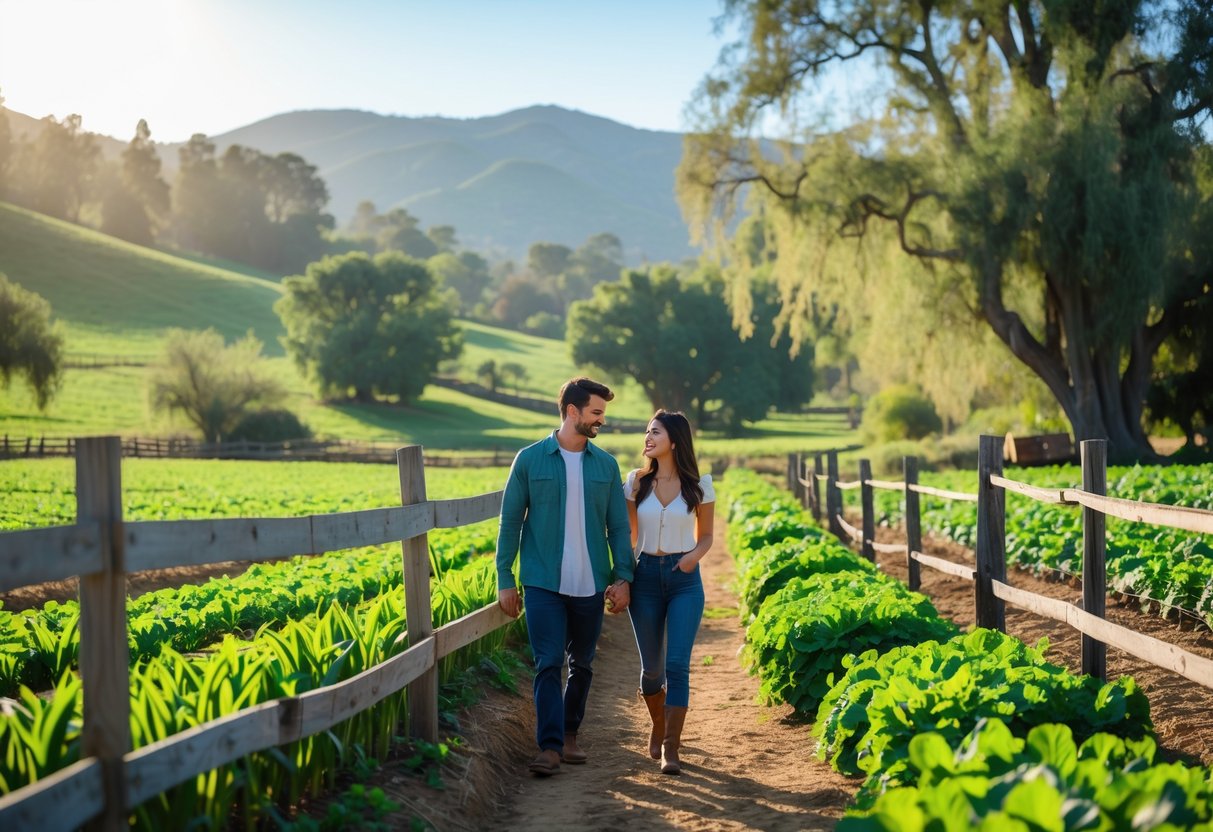 A couple walking together on a sunny day through a green farm field with hills and trees in the background.