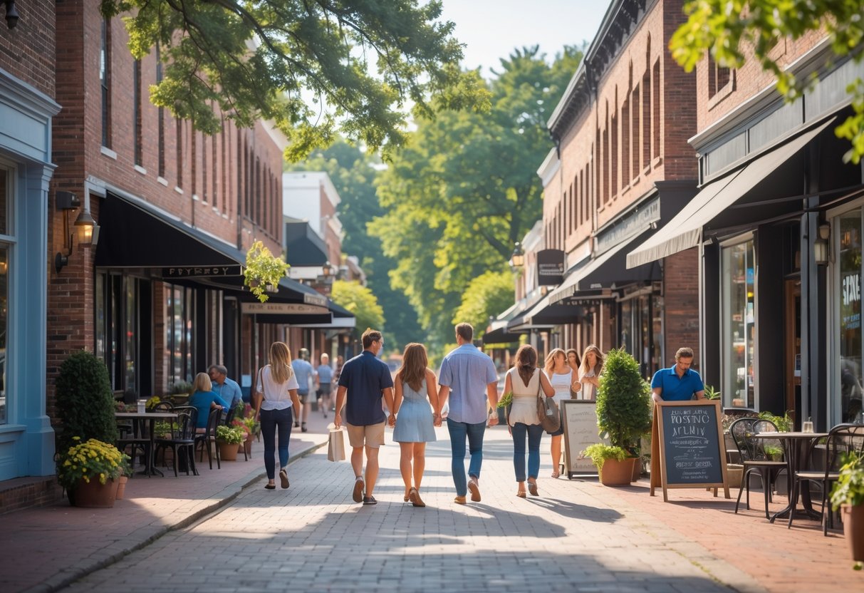 People walking and sitting outside cafes along a sunny downtown Fayetteville street with shops and trees.