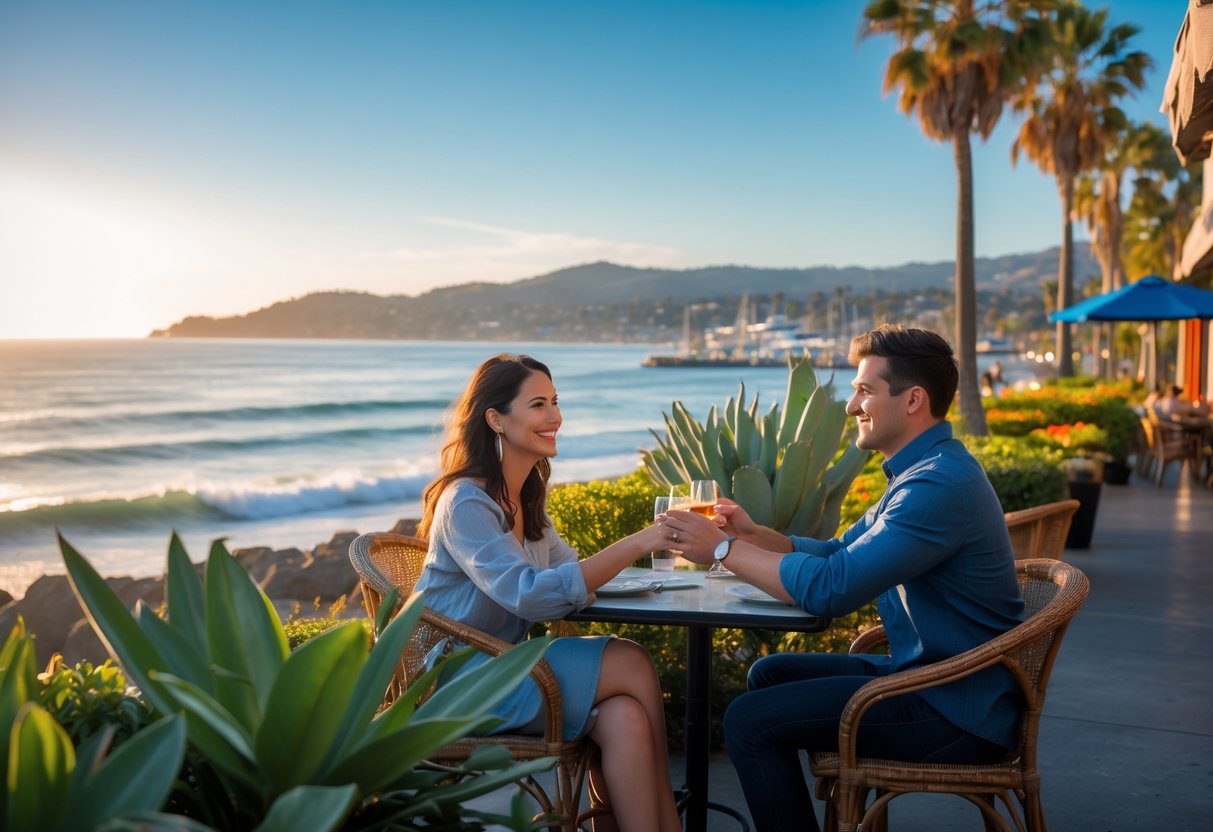 A young couple sitting at a seaside café table overlooking the ocean, enjoying a romantic date during sunset.
