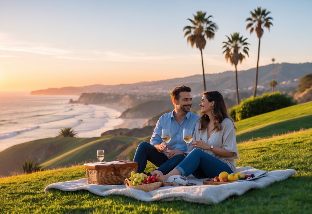 A couple having a picnic on a grassy hill overlooking the ocean at sunset in Ventura County.