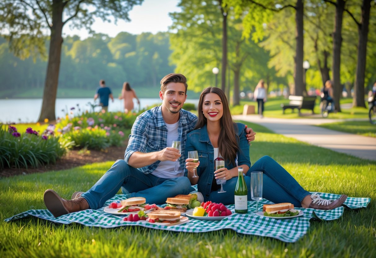 A young couple enjoying a picnic on a blanket near a lake in a green park with trees and flowers.