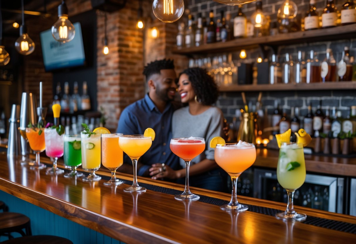 A couple enjoying craft cocktails at a cozy bar with warm lighting and rustic decor.