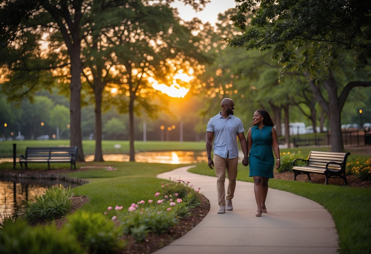 A couple walking along a tree-lined path in a park during sunset.
