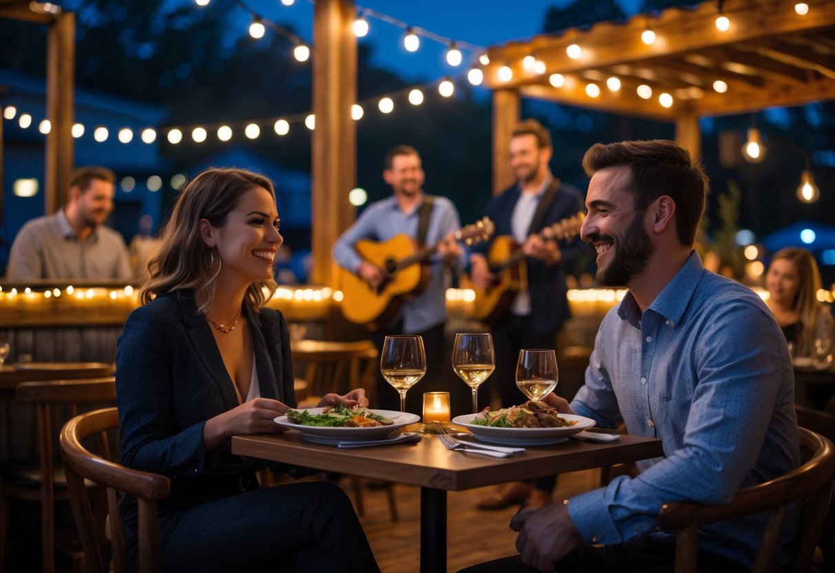 Couples enjoying dinner and live music at a cozy restaurant with warm lighting and a small stage.